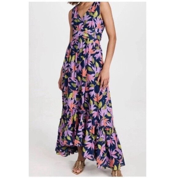 Ramy Brook Miles Floral Maxi Dress Navy High-Low V-Neck Sleeveless Size 4 - Picture 4 of 12